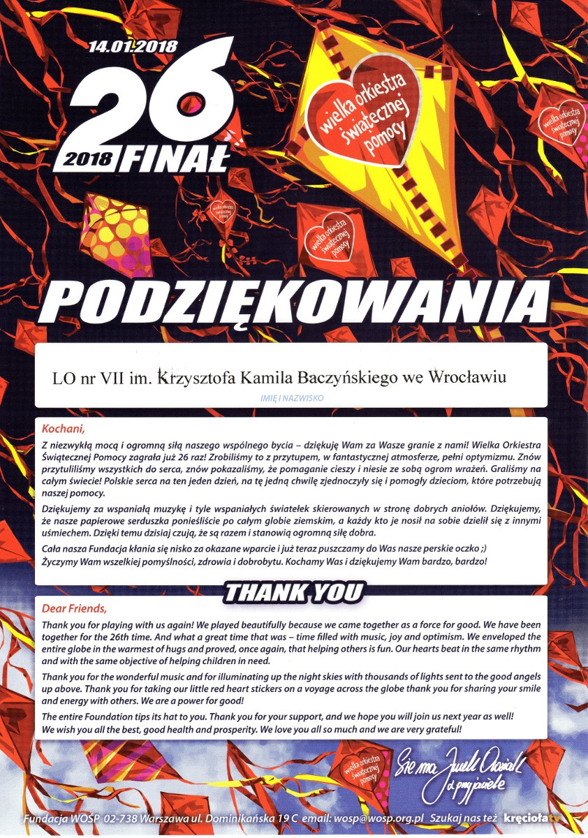 WOSP 2018 podziekowanie